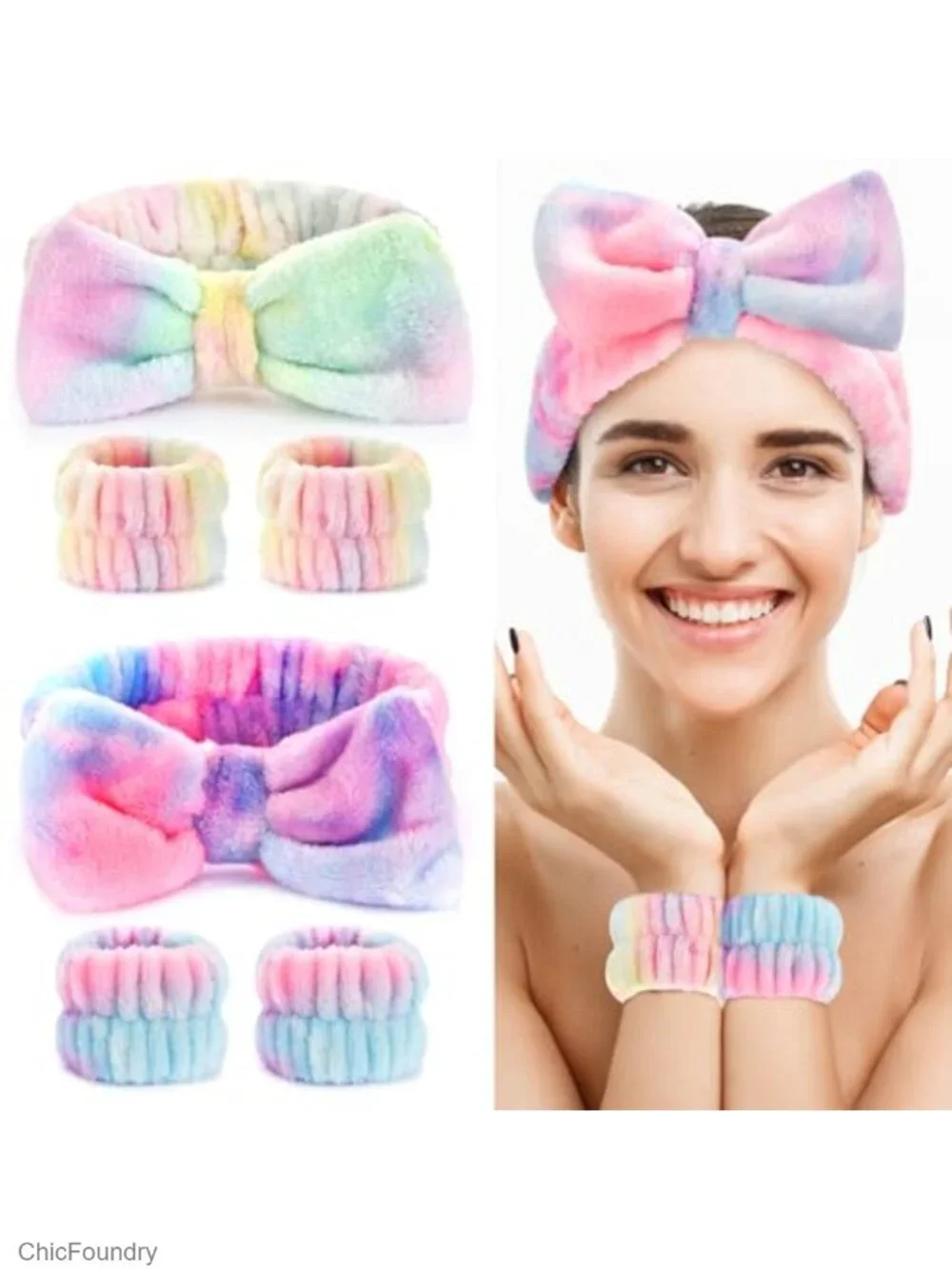 Spa Headband & Wristband Set for Face Washing, Makeup, Skincare - 6 Piece